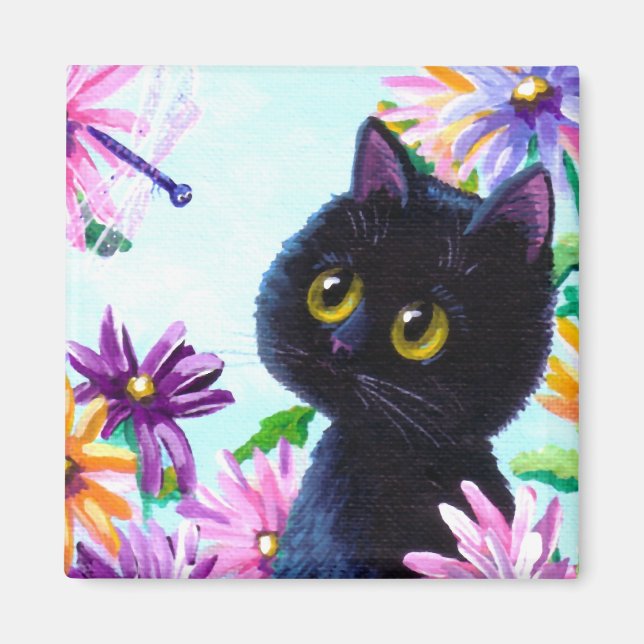 Funny Black Cat Dragonfly Daisies Creationarts Magnet (Vorne)