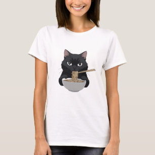 Funny Black Cat Eating Ramen - Anime Feinschmecker T-Shirt