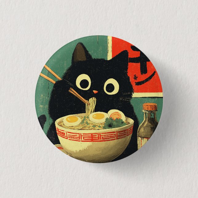 Funny Black Cat Eating Ramen Button (Vorderseite)