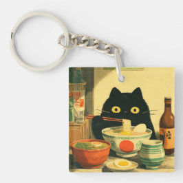 Funny Black Cat Eating Ramen | Japanisch Vintag Schlüsselanhänger