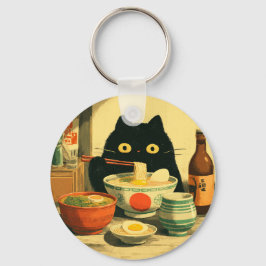Funny Black Cat Eating Ramen | Japanisch Vintag Schlüsselanhänger