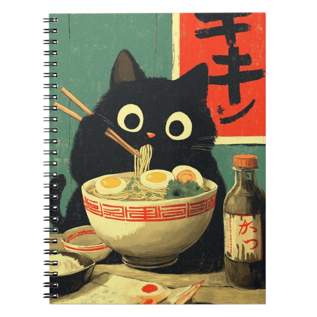 Funny Black Cat Eating Ramen Notizblock (Vorderseite)