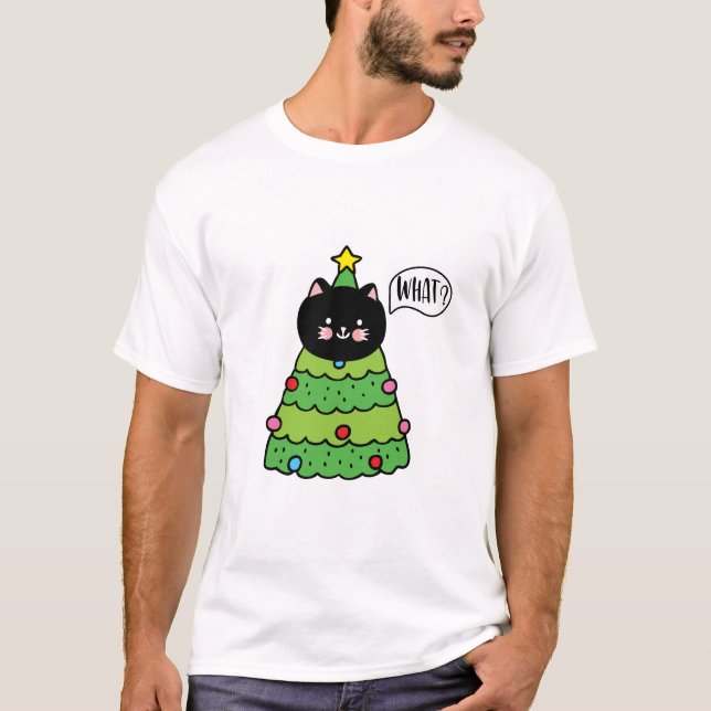 Funny Black Cat Geschenk Pushing Weihnachtsbaum T-Shirt (Vorderseite)