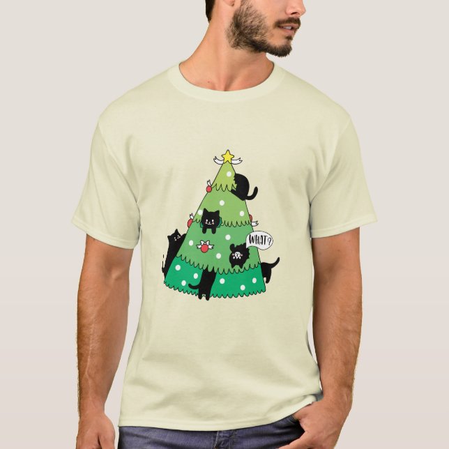 Funny Black Cat Geschenk Pushing Weihnachtsbaum T-Shirt (Vorderseite)