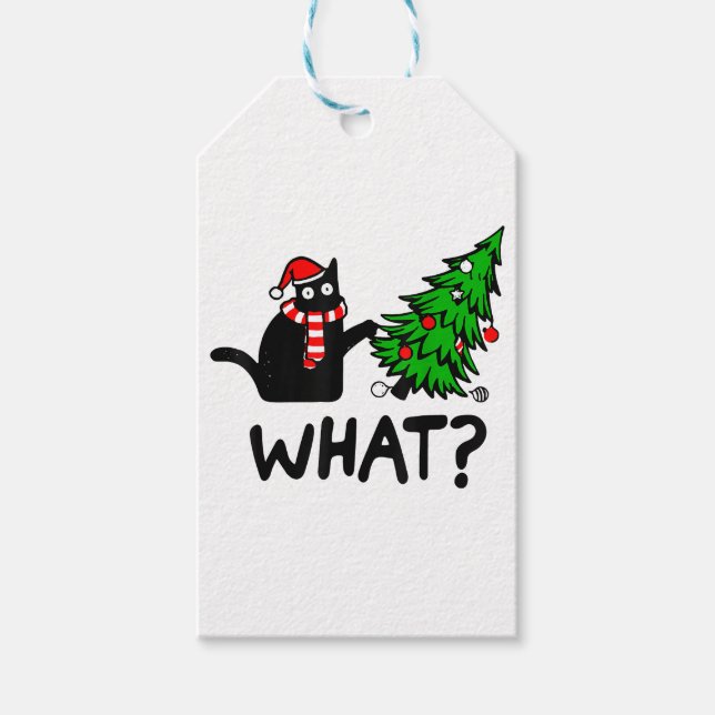 Funny Black Cat Geschenk Pushing Weihnachtsbaum üb Geschenkanhänger (Vorderseite)