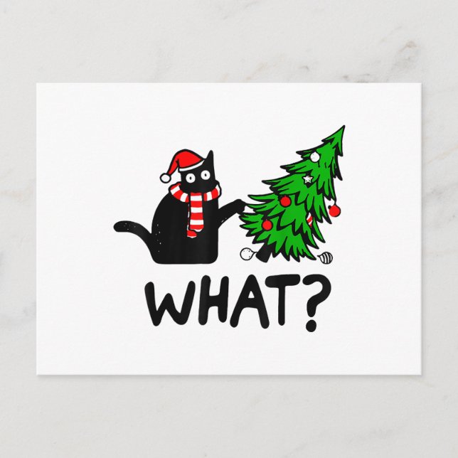 Funny Black Cat Geschenk Pushing Weihnachtsbaum üb Postkarte (Vorderseite)
