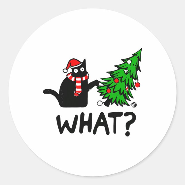 Funny Black Cat Geschenk Pushing Weihnachtsbaum üb Runder Aufkleber (Vorderseite)