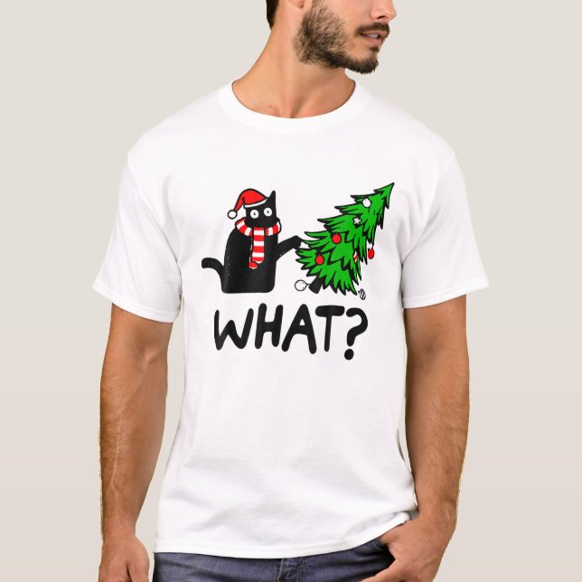 Funny Black Cat Geschenk Pushing Weihnachtsbaum üb T-Shirt (Vorderseite)