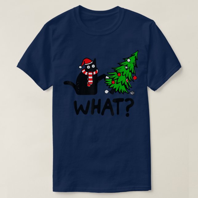 Funny Black Cat Geschenk Pushing Weihnachtsbaum üb T-Shirt (Design vorne)