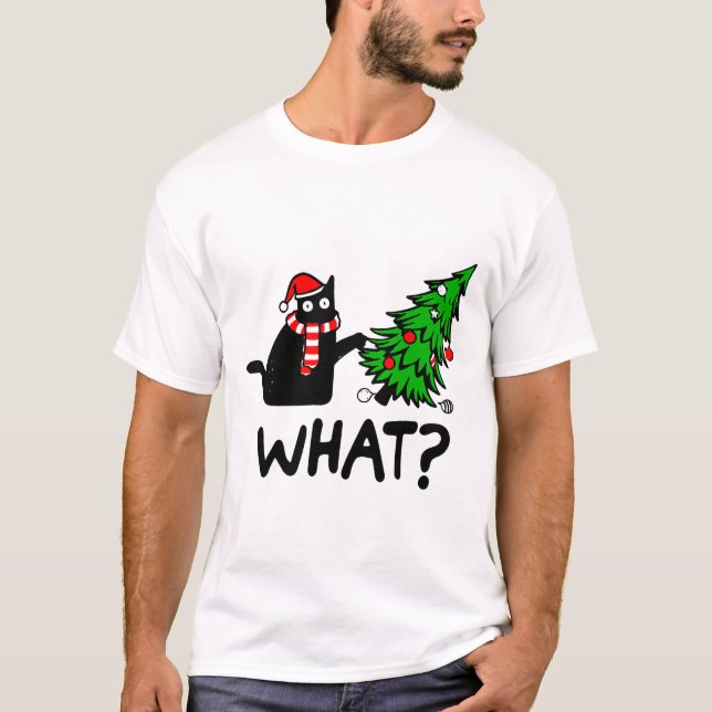 Funny Black Cat Geschenk Pushing Weihnachtsbaum üb T-Shirt (Vorderseite)