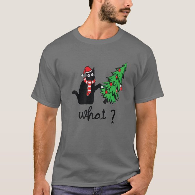 Funny Black Cat Geschenk Pushing Weihnachtsbaum üb T-Shirt (Vorderseite)