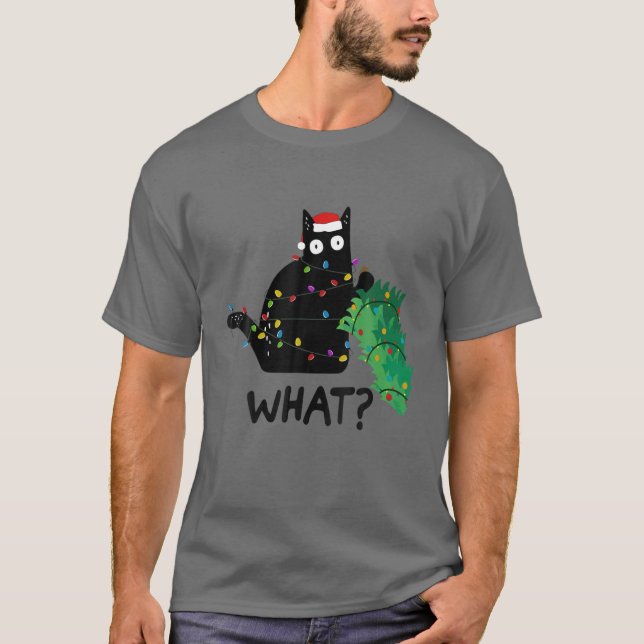 Funny Black Cat Geschenk Pushing Weihnachtsbaum üb T-Shirt (Vorderseite)