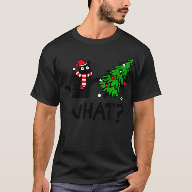 Funny Black Cat Geschenk Pushing Weihnachtsbaum üb T-Shirt (Vorderseite)