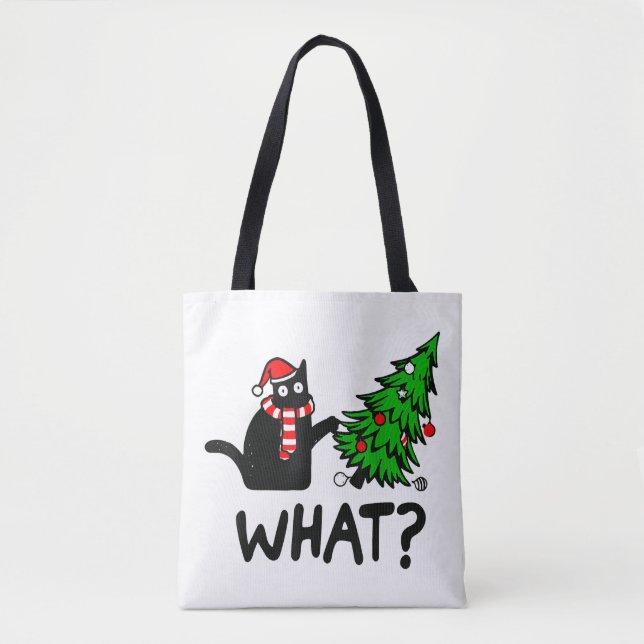 Funny Black Cat Geschenk Pushing Weihnachtsbaum üb Tasche (Vorderseite)