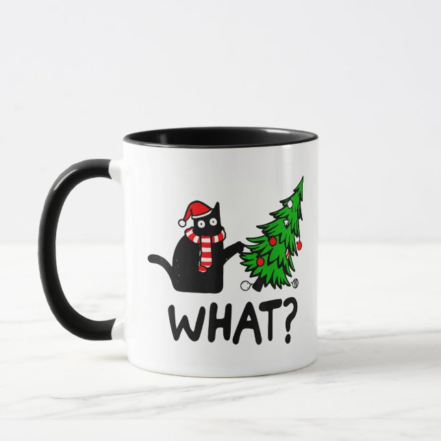 Funny Black Cat Geschenk Pushing Weihnachtsbaum üb Tasse (Links)
