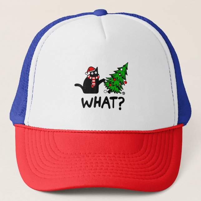 Funny Black Cat Geschenk Pushing Weihnachtsbaum üb Truckerkappe (Vorderseite)