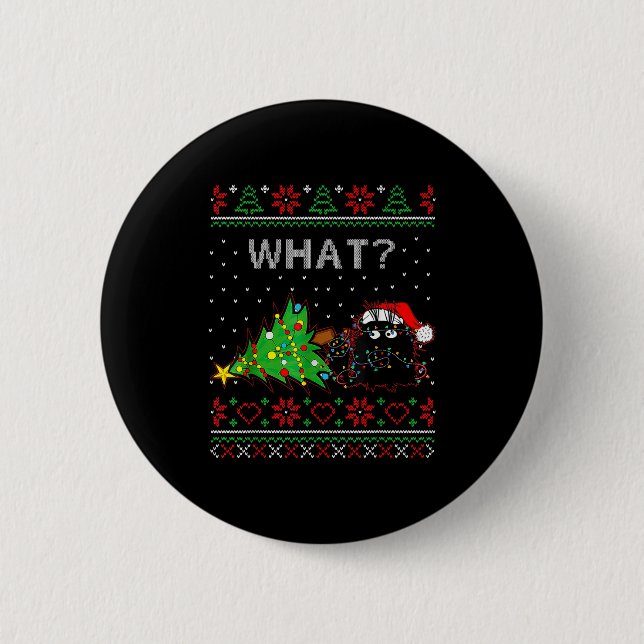 Funny Black Cat Gift Pushing Christmas Tree Over C Button (Vorderseite)