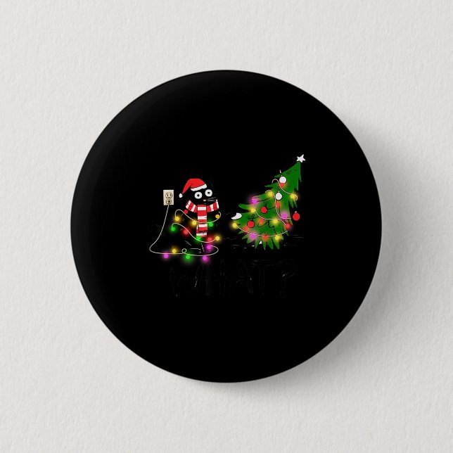 Funny Black Cat Gift Pushing Christmas Tree Over C Button (Vorderseite)