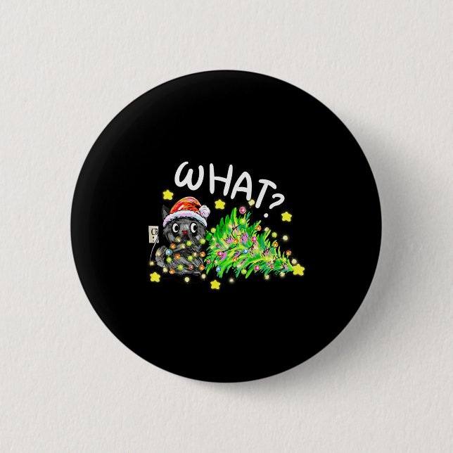 Funny Black Cat Gift Pushing Christmas Tree Over C Button (Vorderseite)