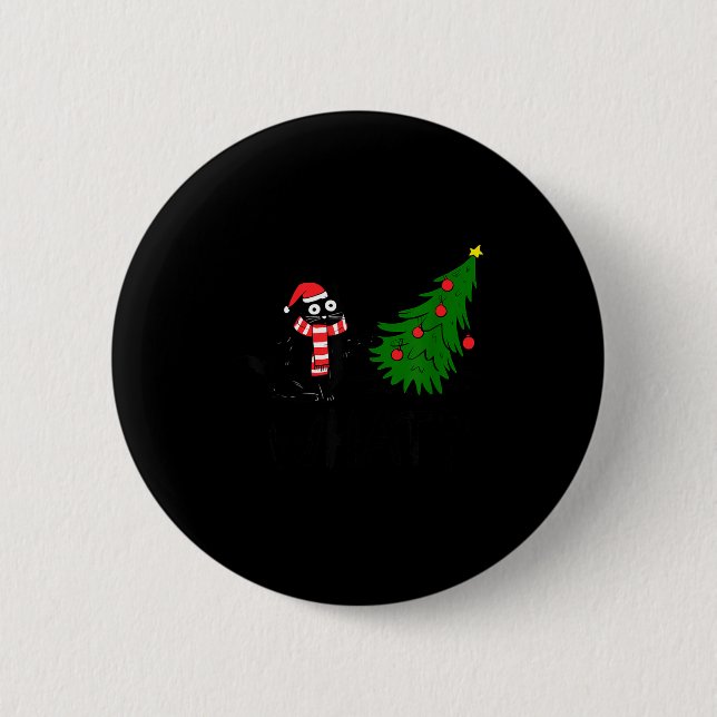 Funny Black Cat Gift Pushing Christmas Tree Over C Button (Vorderseite)