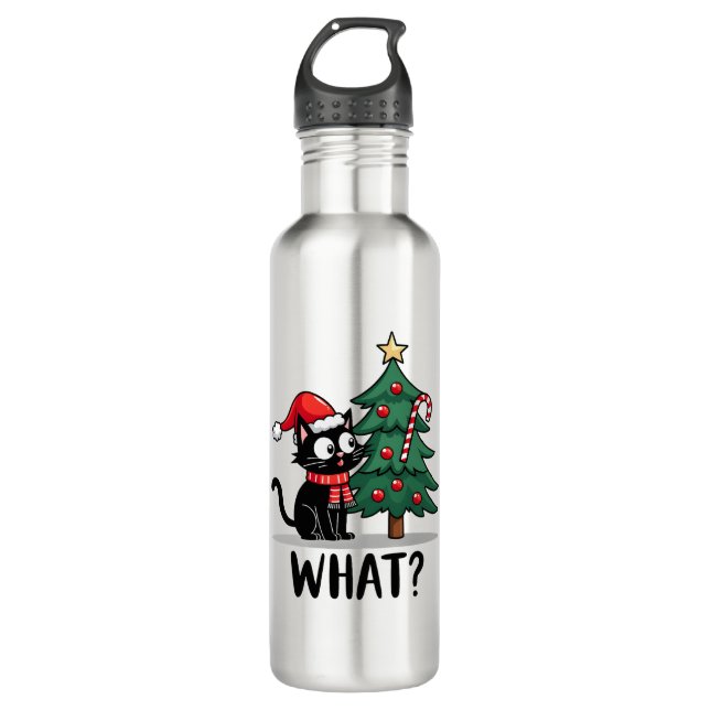 Funny Black Cat Gift Pushing Christmas Tree Over C Edelstahlflasche (Vorderseite)