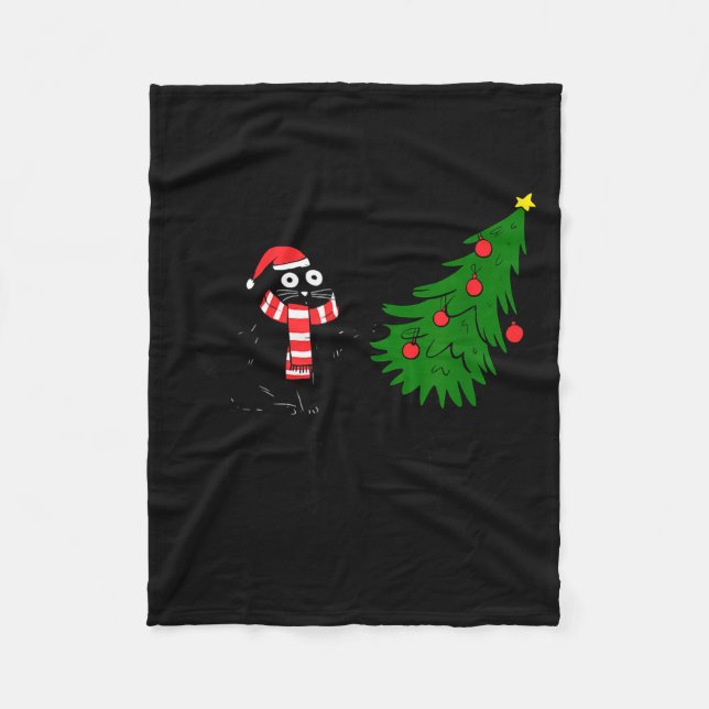 Funny Black Cat Gift Pushing Christmas Tree Over C Fleecedecke (Vorderseite)