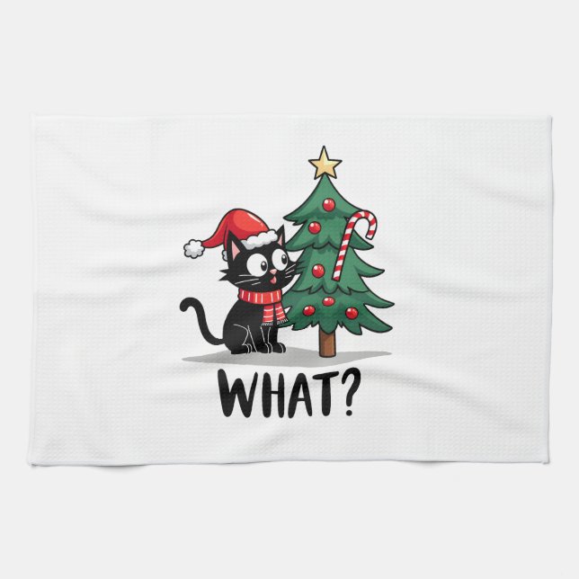 Funny Black Cat Gift Pushing Christmas Tree Over C Geschirrtuch (Horizontal)