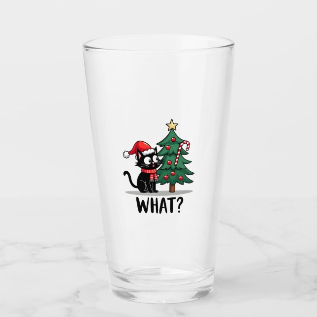 Funny Black Cat Gift Pushing Christmas Tree Over C Glas (Vorderseite)