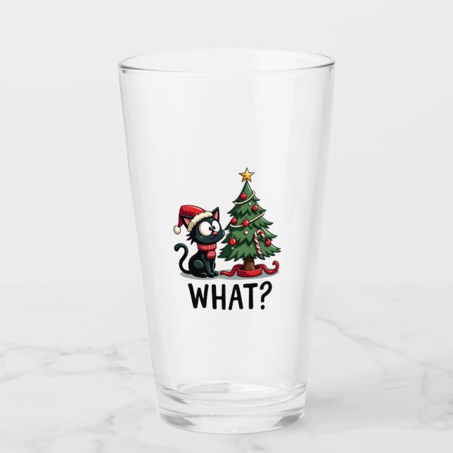 Funny Black Cat Gift Pushing Christmas Tree Over C Glas (Vorderseite)