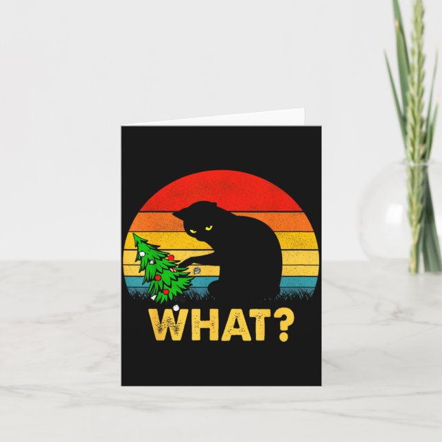 Funny Black Cat Gift Pushing Christmas Tree Over C Karte (Vorderseite)