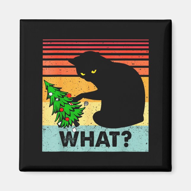 Funny Black Cat Gift Pushing Christmas Tree Over C Magnet (Vorne)