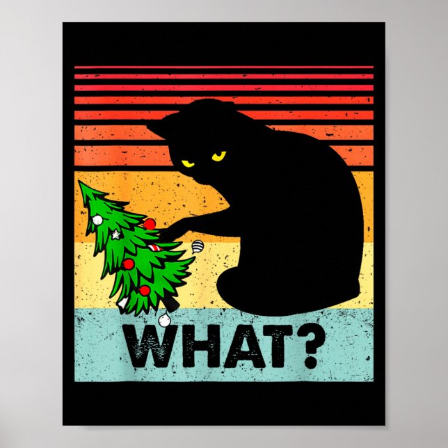 Funny Black Cat Gift Pushing Christmas Tree Over C Poster (Vorne)