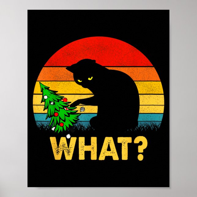 Funny Black Cat Gift Pushing Christmas Tree Over C Poster (Vorne)