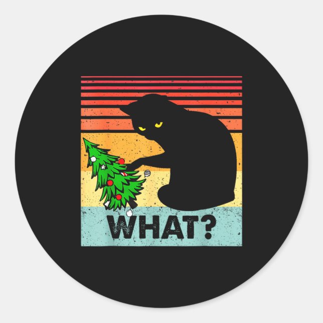 Funny Black Cat Gift Pushing Christmas Tree Over C Runder Aufkleber (Vorderseite)