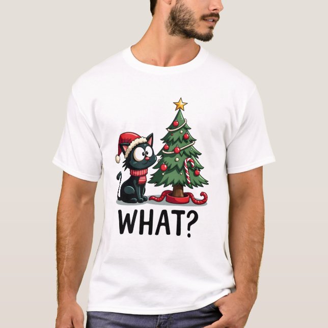 Funny Black Cat Gift Pushing Christmas Tree Over C T-Shirt (Vorderseite)