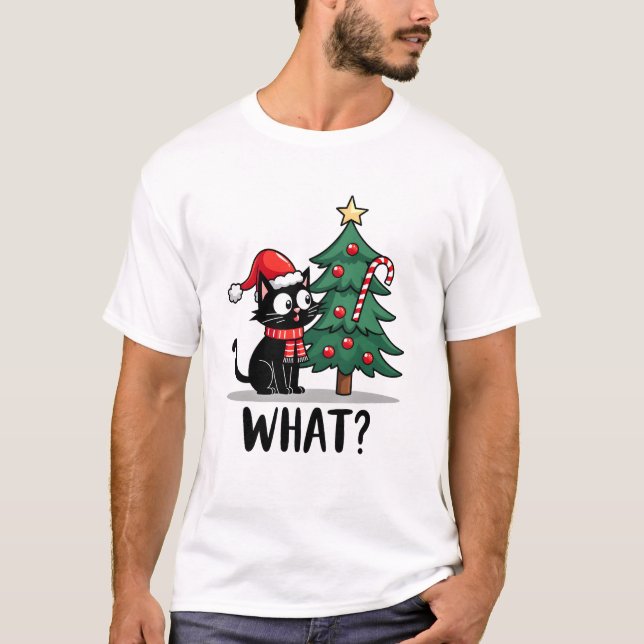 Funny Black Cat Gift Pushing Christmas Tree Over C T-Shirt (Vorderseite)