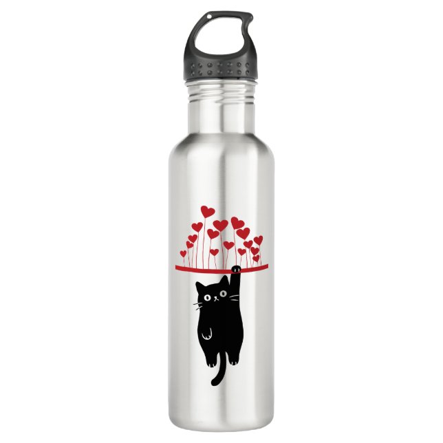 Funny Black Cat Hanging Out Valentine's Day Edelstahlflasche (Vorderseite)