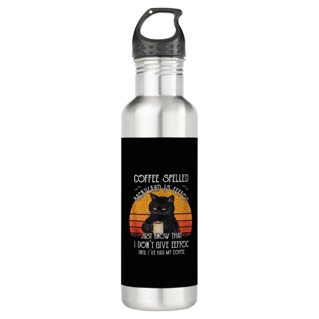 Funny Black Cat Kaffee rückwärts geschrieben ist e Edelstahlflasche (Vorderseite)