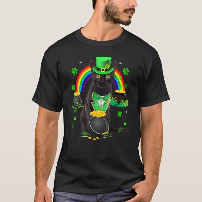 Funny Black Cat Leprechaun Kleeblatt St. Patrick's T-Shirt (Vorderseite)