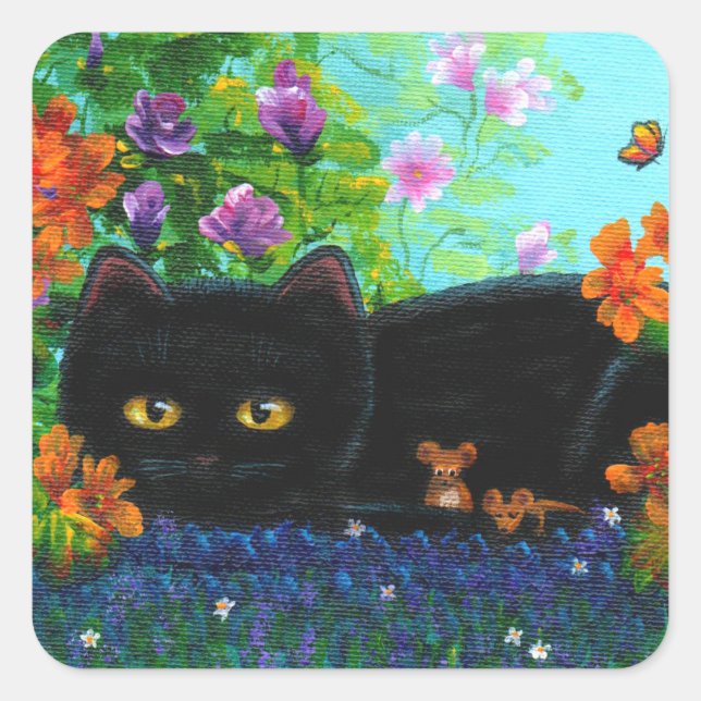 Funny Black Cat Mice Blume Kreationarts Quadratischer Aufkleber (Vorderseite)