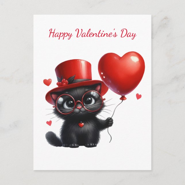 Funny Black Cat mit Balloons Valentinstag Postkarte (Vorderseite)