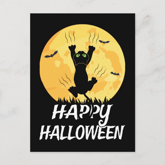 Funny Black Cat Moon Happy Halloween Ankündigungspostkarte (Vorderseite)