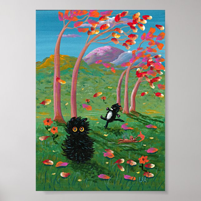Funny Black Cat Mouse Trees Creationarts Poster (Vorne)