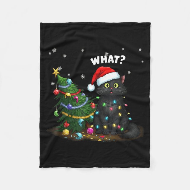 Funny Black Cat Pushing Christmas Tree  Fleecedecke (Vorderseite)