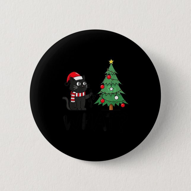 Funny Black Cat Pushing Christmas Tree Over Cat Wh Button (Vorderseite)