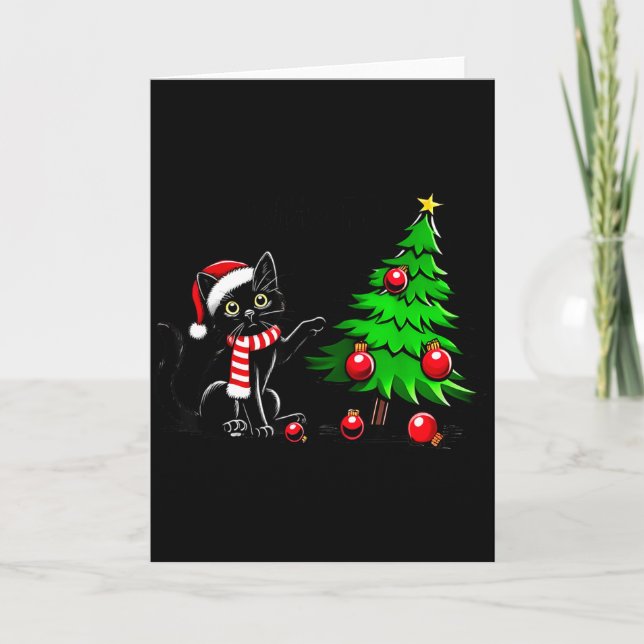 Funny Black Cat Pushing Christmas Tree Over Cat Wh Karte (Vorderseite)