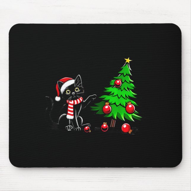 Funny Black Cat Pushing Christmas Tree Over Cat Wh Mousepad (Vorne)