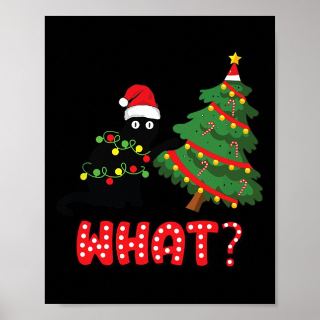 Funny Black Cat Pushing Christmas Tree Over Cat Wh Poster (Vorne)