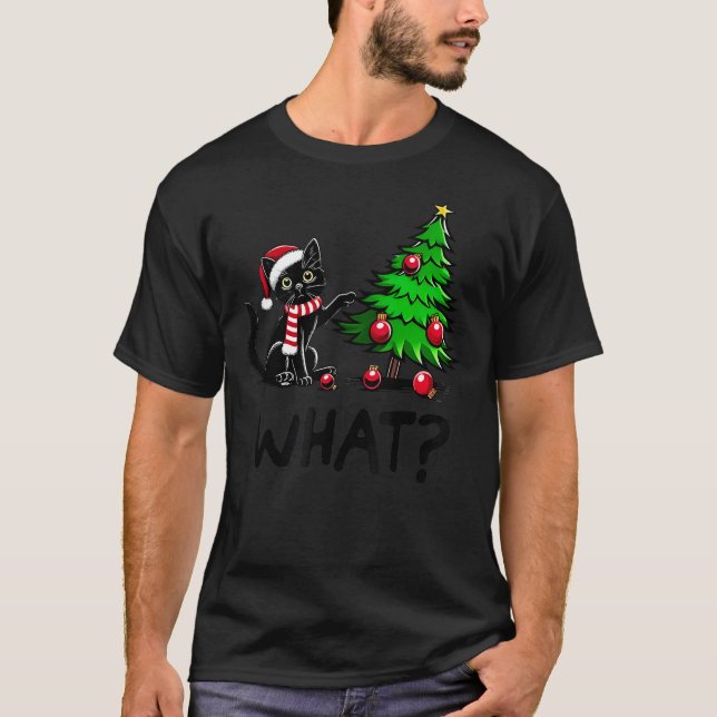 Funny Black Cat Pushing Christmas Tree Over Cat Wh T-Shirt (Vorderseite)