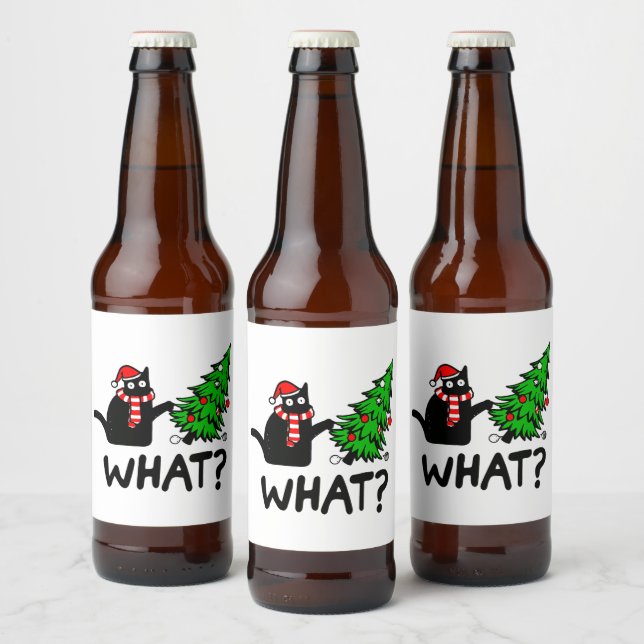 Funny Black Cat Pushing Christmas Tree Pet Lover Bierflaschenetikett (Flaschen)